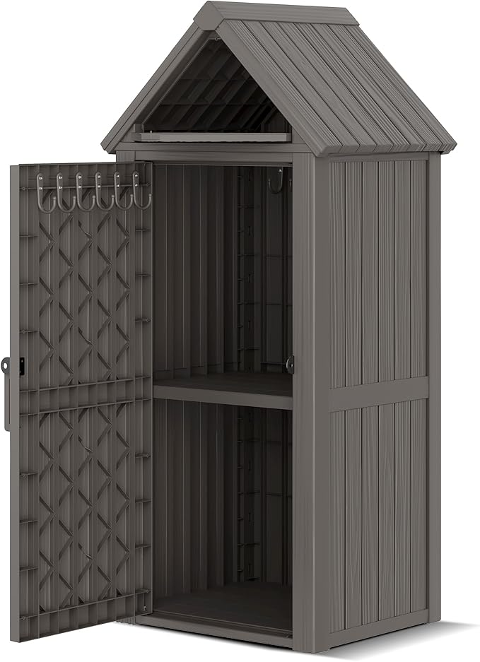 Outdoor Resin Storage Shed, Upgrade Durable Storage Cabinet with Removable Shelves and Lock Ring, Reinforced Floor, All-Weather Construction for Garden Patio Lawn (Gray)