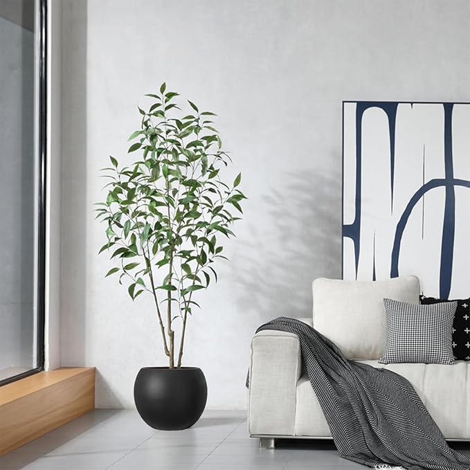 10 H x 14" Dia (10" Pot Opening) Round Fiberstone Planter with Drainage Hole, Black, Indoor/Outdoor Large Plant Pot for Home Patio Garden, Ideal for Large Plants