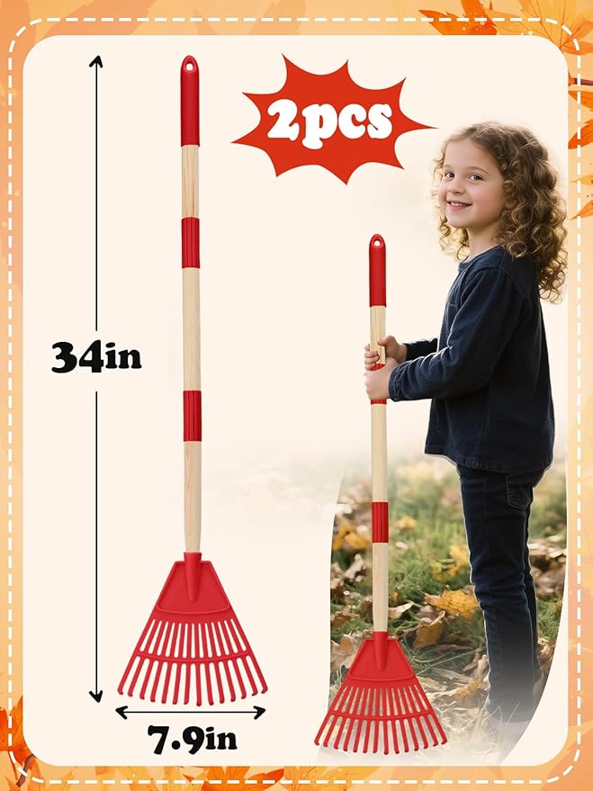 Acostop 2 Pcs Kids Rakes with Wood Handle - 34" Lightweight Plastic Garden Rake for Leaves, Safe to Use Kid Yard Tools for Boys Girls Fall Gardening Gifts (Red)