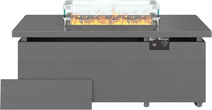 Sundale 50 Inch Outdoor Fire Pit Table, 50,000BTU Rectangle Propane Fire Pit with Glass Wind Guard, Rain Cover, Removable Lid, CSA Certified, Gray