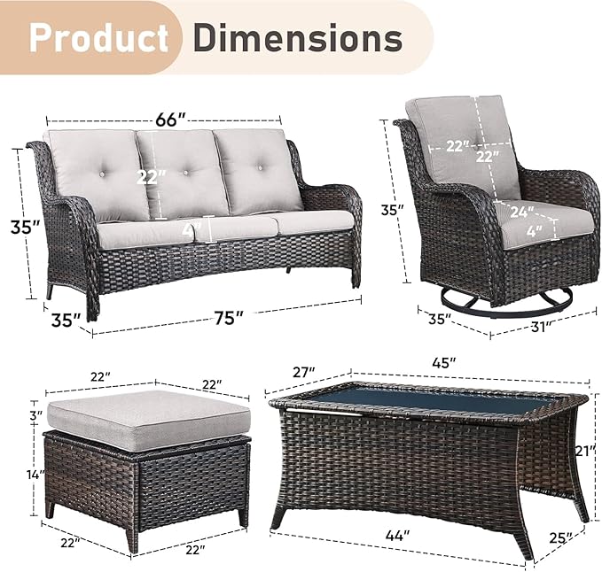 Wicker Outdoor Dialogue Set -6-Piece Outdoor Wicker High Back Sofa with Rotating Rocking Chair Terrace Furniture, Suitable for Deck, Pool, Backyard