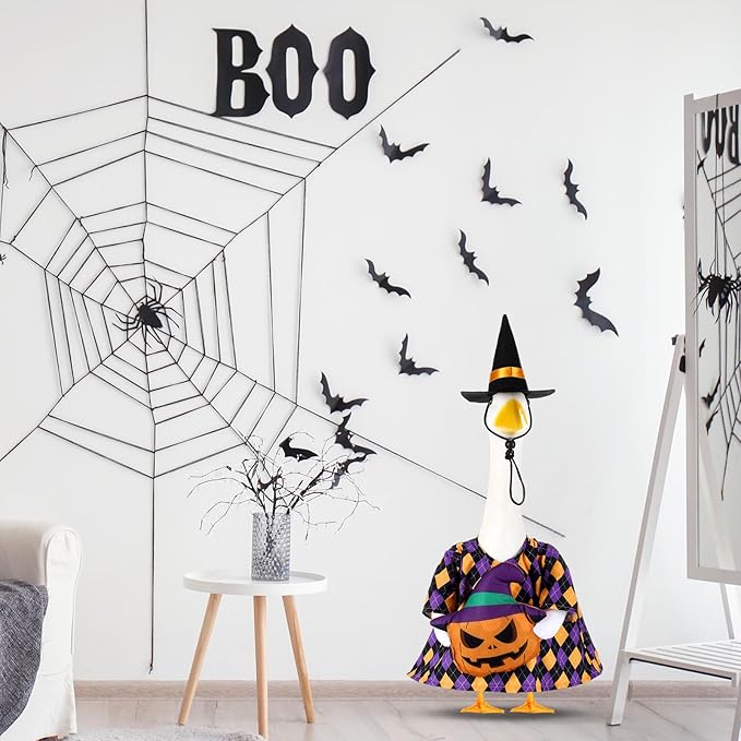 Sanwuta 1 Set Halloween Porch Goose Outfit Pumpkin Pillow Design with Witch Hat for 23" Lawn Cement Goose Porch Geese Clothes Costume for Halloween Garden Patio Yard Outdoor Decorations