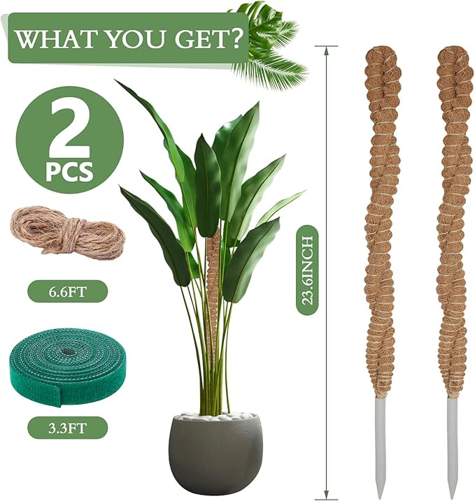 2 Pack 25 Inch Coco Coir Moss Poles for Climbing Indoor Plants - Handmade Plant Support for Creepers to Grow Upwards