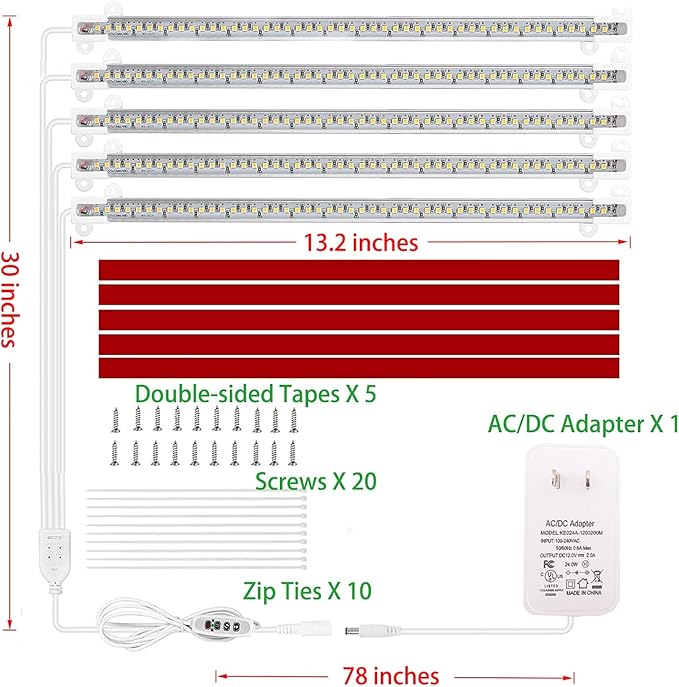Grow Light Strip - Full Spectrum LED Grow Lights for Indoor Plants, Auto On/Off Timer, 5 Pack (240 LEDs, 10 Dimmable Levels)