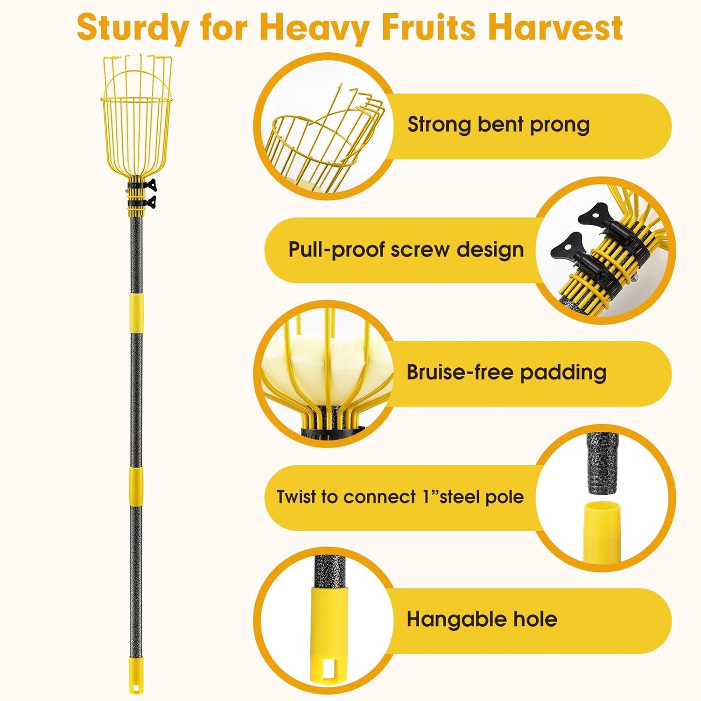Apple Picker,156 Inch Long Handle Fruit Picker Pole with Basket for High Fruit Tree,Splicing Adjustable Apple Fruit Picker Pole for Pear,Orange,Peach,Lemon,Plum,Mango Tall Trees Fruit Grabber