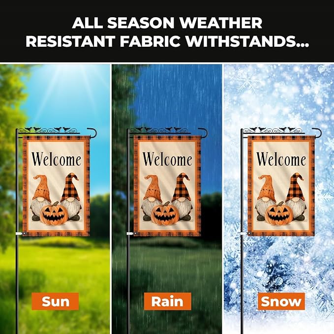 Welcome Halloween Garden Flag with Gnome and Pumpkin – 12x18 Double Sided Burlap Halloween Flag for Outside – Fall Yard Decor for Garden or Porch
