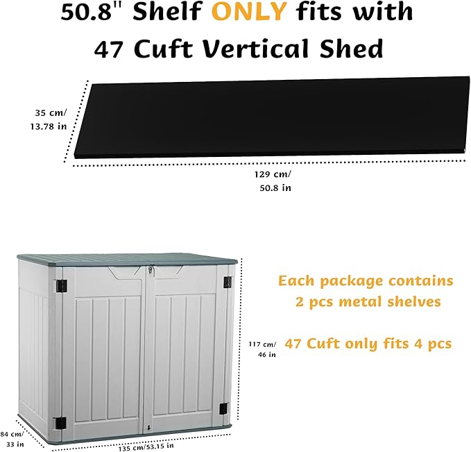 Vertical Resin Storage Shed with 2 Shelves, 47 Cuft Garden Tool Sheds & Outdoor Storage, Plastic Outdoor Storage Cabinet Waterproof, 4.5x2.8 ft Backyard Outside Lawn Mower Storage Shed, White