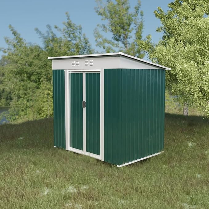 6x4FT Storage Shed with Sliding Door,Metal Outdoor Tool House W/Sloped Roof,All Weather Waterproof,for Backyard,Patio,Lawn,Garden,Green