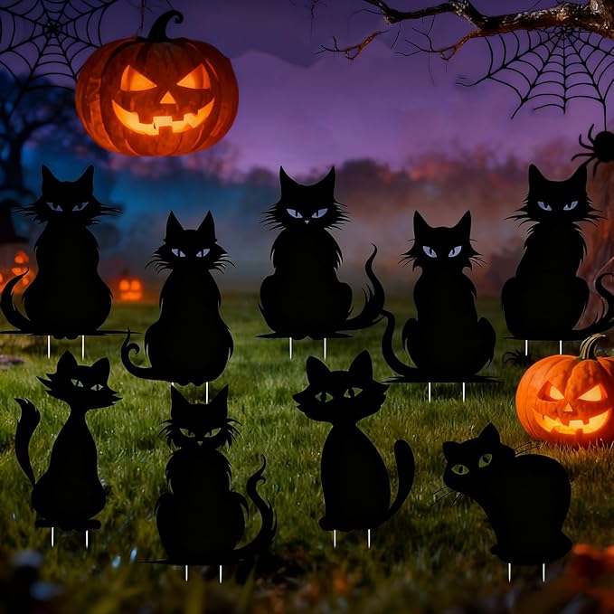 9 Pack Halloween Black Cat Yard Signs with Stakes Tree Decoration Scary Silhouette 9 Styles Halloween Decorations for Outdoor Yard Lawn Garden Decor Made of Plastic Corrugated Board