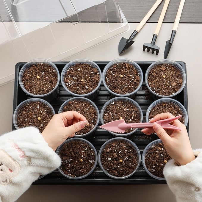 50p 3.5" Clear Nursery Pots with 4p Trays and 2p Adjustable LED Grow Lights – Transparent Plant Pots with Drainage Holes, Complete Seed Starter Kit with 5" Tall Humidity Dome for Plant Propagation