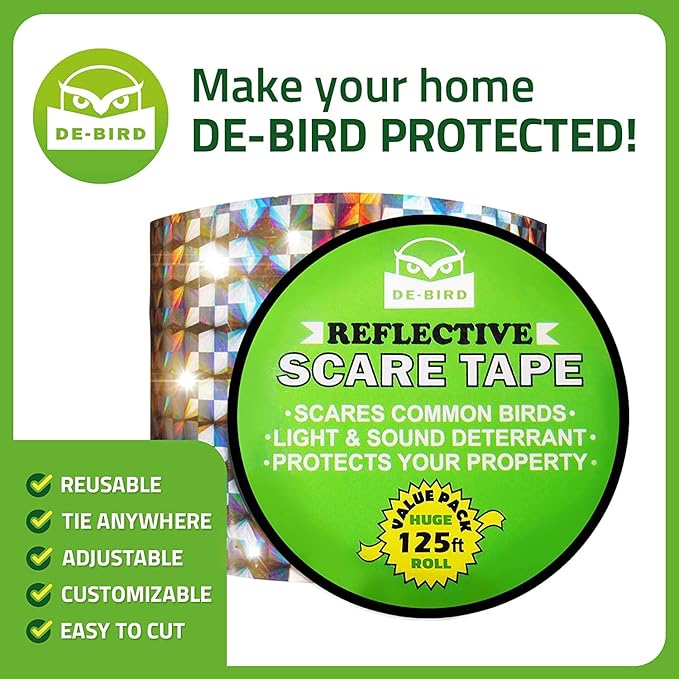 De-Bird Scare Tape - 125 Ft Roll, Holographic, Garden Style - Reflective Tape for Birds - Pigeon & Goose Control, Balcony & Patio Nest Deterrent