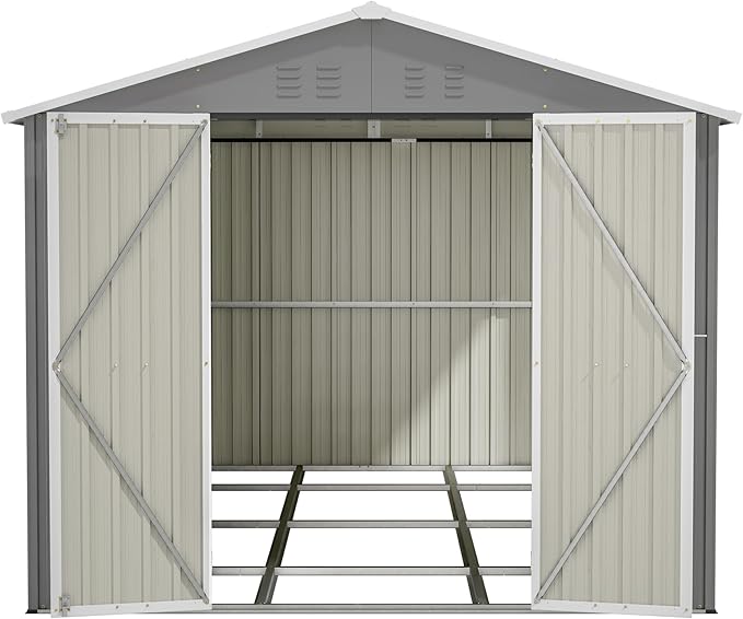 8×12 FT Storage Shed with 1 Lockable Door and Vents,Metal Aluminum Waterproof Tool Sheds,Heavy-Duty Sheds Unit W/Floor Frame,Lock & Key,Garden Shed for Storing Bicycles,Barbeques,Gray