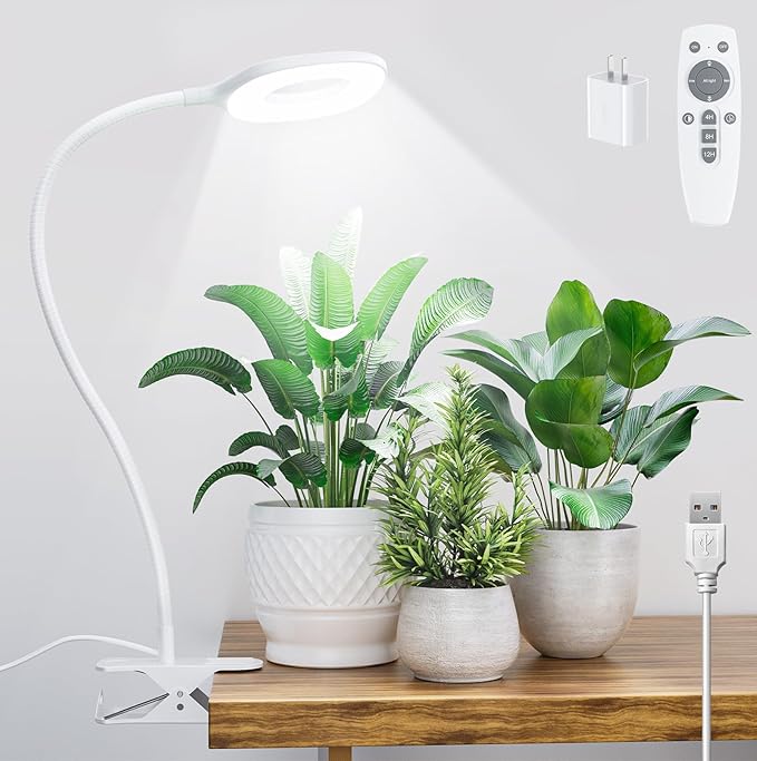 Grow Lights for Indoor Plants Full Spectrum, Clip On LED Plant Light, Plant Growing Lamp with 4/8/12H Timer, 3 Light Modes, 10 Dimmable Levels, Adjustable Gooseneck, Remote Control