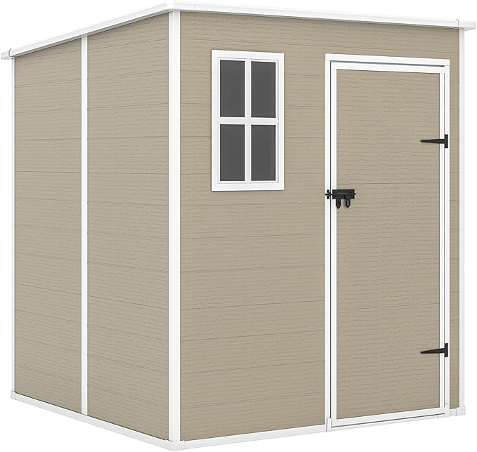 Outdoor Storage Shed, 6x6 FT Resin Shed with Floor and Lockable Door, Window, Vents, Tool Sheds and Outdoor Storage for Bike, Garden Accessories, Tools, Waterproof Light Brown