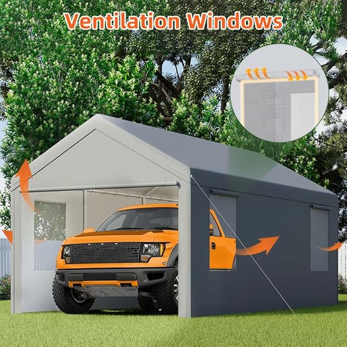 Carport,10x20 Heavy Duty Carports, Canopy, Garage, Metal Shed, with 4 Roll-up Ventilated Windows, Outdoor, Storage, Car, Boat,10x20 Grey