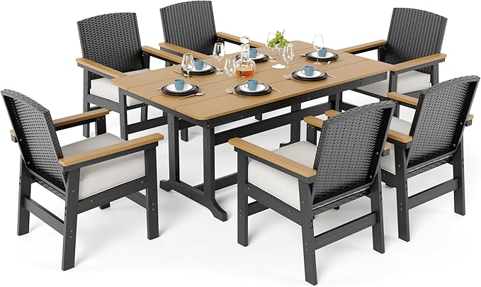 7 Piece HDPE Outdoor Dining Set for 6, 64” All Weather Wood-grain Dining Table, 6 Wicker Rattan Chairs with 3.2” Waterproof Cushion, Patio Table and Chairs Set for Backyard and Deck, Black
