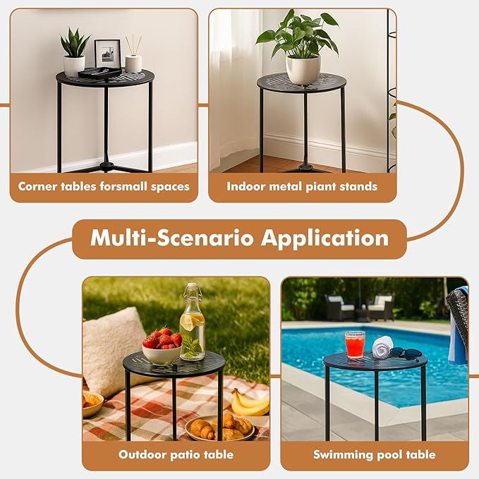 2 Packs 13" Small Metal Side Tables Indoor Black Outside End Table for Outdoor Patio Round Accent Garden Corner Stand for Small Spaces Weather-Resistant Coffee Table for Balcony Porch Plant Stand