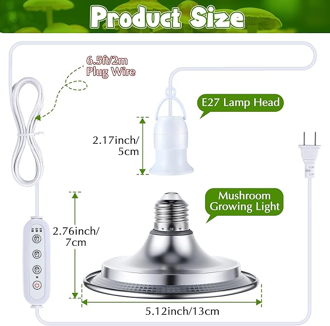 Meonum Mushroom Grow Light with 3/6/9 Hour Timer, 360° LED Hanging Grow Lights Bulb for Mushroom with 6.5ft Extension Cord, 6000K Blue&5000K White Lamp for Indoor Plants Growing Kit Supplies(2 Pack)
