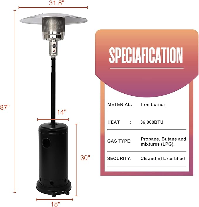 Outdoor Patio Heater, Propane Heater w/Wheels, Shelf Tabletop, Auto Shut Off Protection, 36000 BTU Tall Standing Gas Heater for Outdoor Use