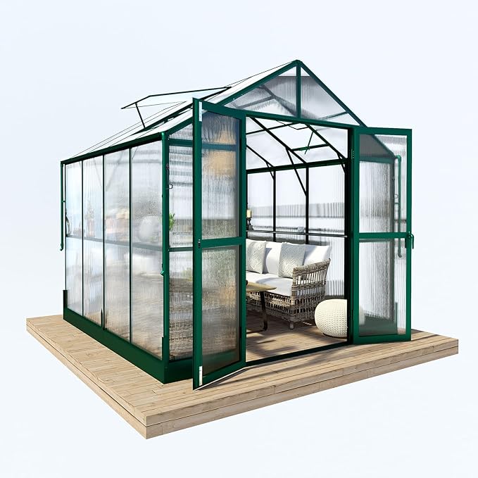 HOWE 8x8x7.5 FT Aluminum Greenhouses for Outdoors,Polycarbonate Greenhouse with 2 Vents Lockable Swing Door Rain Gutter,Walk-in Greenhouse for Backyard Plants,Green