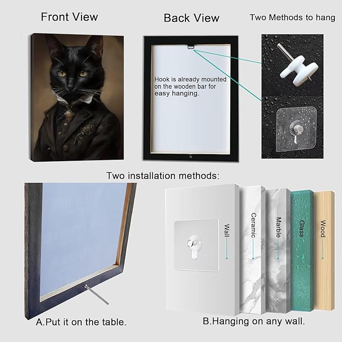 Black Cat Canvas Framed Wall Art Poster 11.5x15 Inch - Gothic Bathroom Decor, Dark Academia Home & Room Wall Decor Posters for Apartment, Cat Lover Gifts, Halloween Decorations