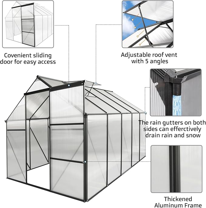6x10 FT Polycarbonate Greenhouse,Heavy Duty Walk-in Garden Plants Green House,Adjustable Roof,Raised Base and Sliding Door for Outdoor Backyard,Easy to Install,Black