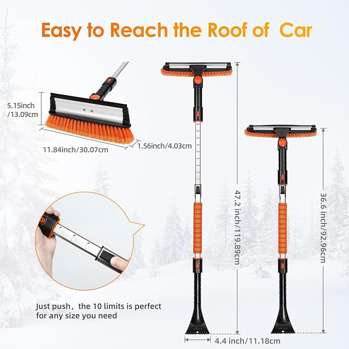 AstroAI 47.2" Ice Scrapers for Car Windshield, 3 in 1 Sturdy Snow Brush with Squeegee, 10 Adjustable Length Settings, Extendable Aluminum Handle, 180° Pivoting Snow Scraper for Car, Truck, SUV(Orange)