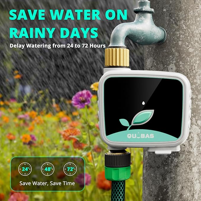 QUOBAS WiFi Sprinkler Timer with Brass Inlet & Outlet, Smart Water Timer for Garden Hose with APP Remote Control, Manual Watering, Rain Delay Watering, for Lawn, Garden