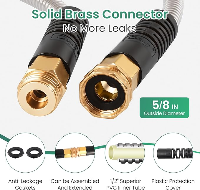 Cesun Metal Garden Hose 100 foot - 304 Stainless Steel Water Hose, Flexible, Lightweight and No-Kink Metal Hose with Brass Nozzle for Outdoor, Yard