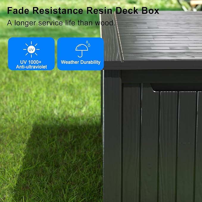 150 Gallon Resin Outdoor Deck Box Waterproof Patio Furniture, Garden Tools, Cushions, Pool Accessories Outside Storage (Black, 150 Gallon)