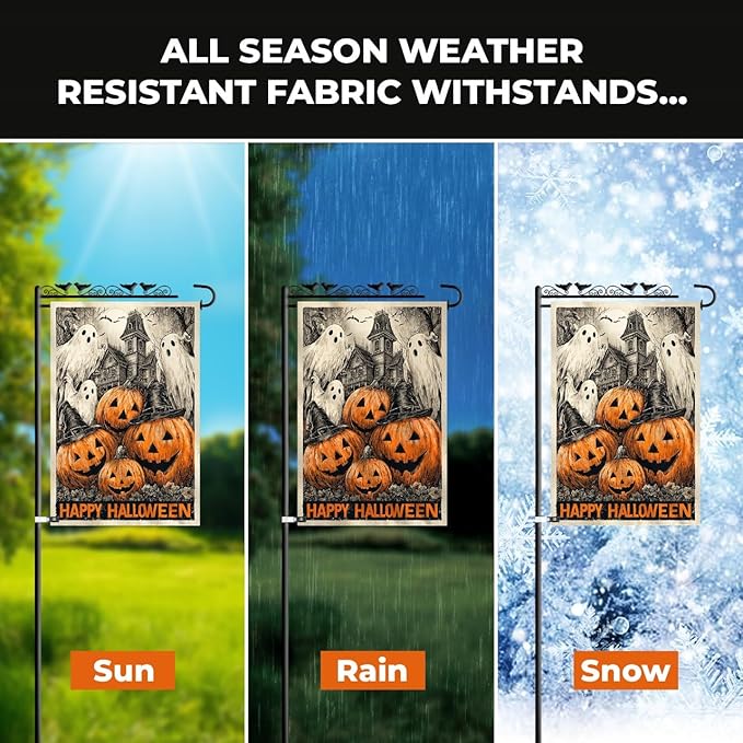 Halloween Garden Flag 12x18 Double Sided – Happy Halloween Flag for Outside, Spooky Ghosts, Pumpkins & Haunted House Yard Flag Decor for Fall Outdoor Display