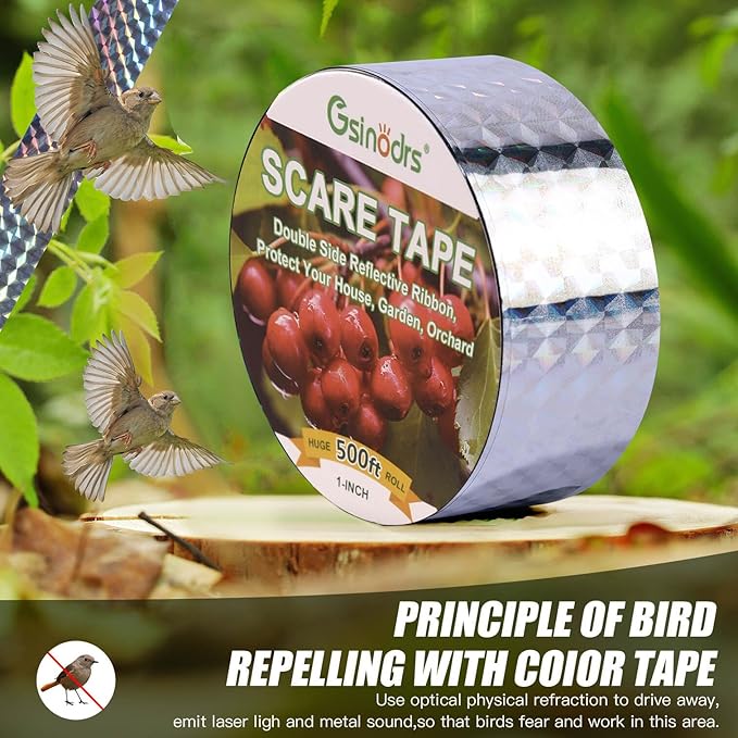 Double Bird Scare Tape Ribbon, Side Reflective Ribbon to Birds from Hitting Windowws and Protect Your House, Garden, Orchard (Silver, 1in * 500FT *2) - No Adhesive, Easy Tie-On Installation