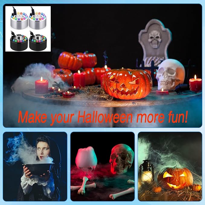 Yaomiao 4 Piece Halloween Mist Maker Fogger Small Ultrasonic Fog Machine Fountain Mister Fogger Water Garden Pond Foggers Air Humidifier with 12 LED Light Flashes for Halloween (Black and Silver)
