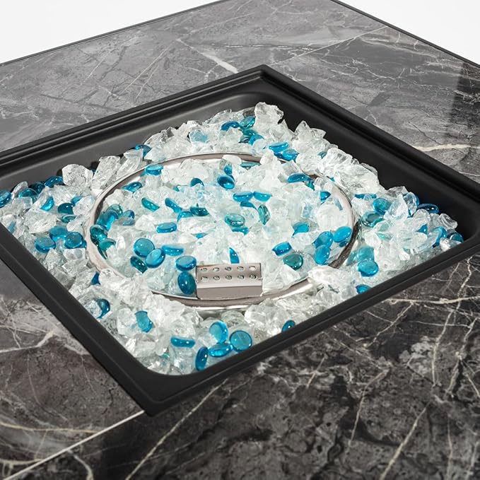 30'' Propane Fire Pit Table, Marble Textured Ceramic Tabletop, 50,000 BTU Fire Table with Brown Wicker, Mix Color Glass Rocks, Including Lid&Cover, Square