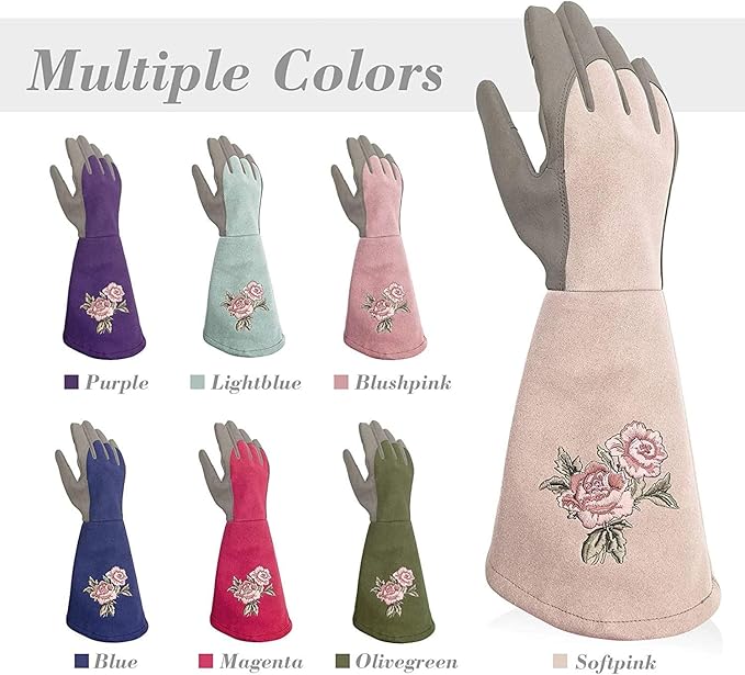 Rose Pruning Gloves Thorn Proof, Embroidery Leather Gardening Gloves with Extra Long Forearm Protection