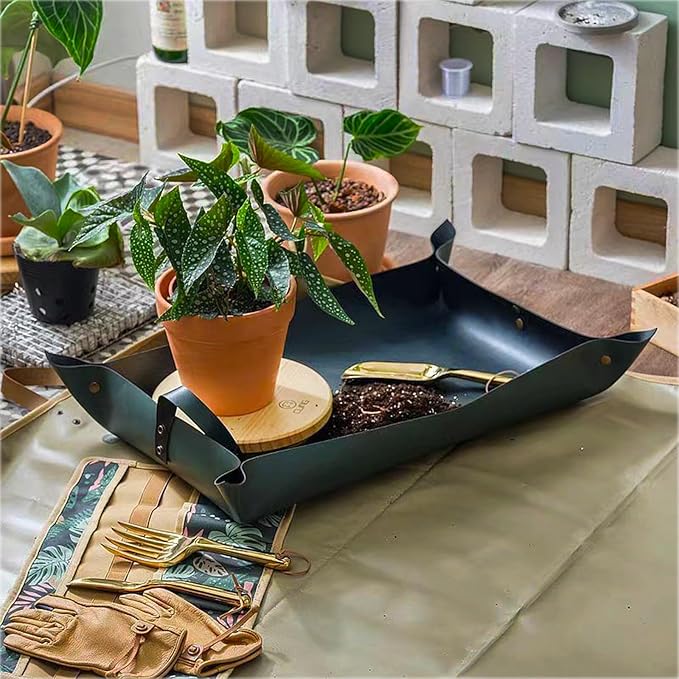 Thickened Leather Plant Repotting Mat, Indoor and Outdoor Potting Mat, 30" x 18" Foldable Tray with Mess Control (Dark Green)