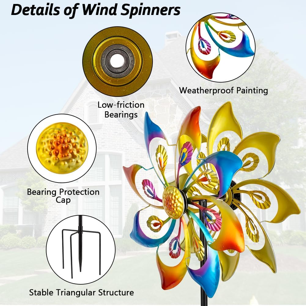 DREAMSOUL 13" Dia Wind Spinners Outdoor with 4 Prong Stakes, Kinetic Metal Wind Spinners for Yard and Garden Decor (52 * 13 Inches)