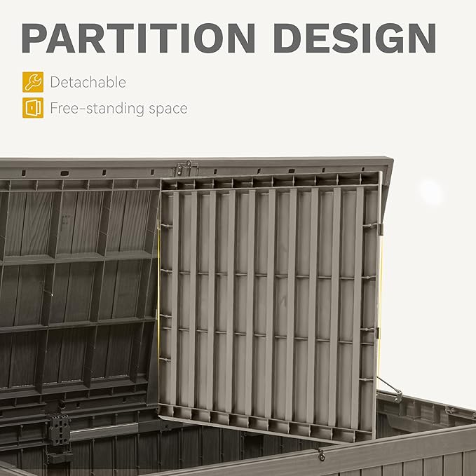 DWVO 150 Gallon XL Deck Box with Divider & Lockable Lid, Waterproof Resin Outdoor Storage for Patio, Garden, Poolside, Cushions, Supplies & Sports Gear, Light Brown