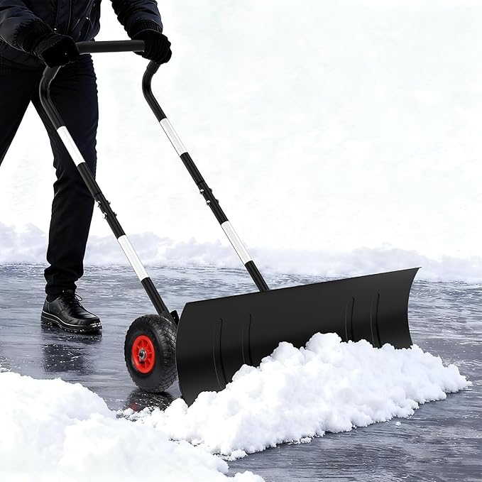 Snow Shovel Pusher for Driveway,Heavy Duty Steel Snow Shovel with Wheels,29 in Angled Blade Efficient Snow Removal,3 Level Adjustable Height Handle,Snow Plow with Safety Reflective Tape
