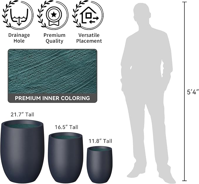 Kante 16.5 Inch Tall Concrete Planter, Large Indoor Outdoor Plant Pot with Drainage, Smooth Charcoal Finish with Forest Green Interior, Ideal for Porch, Home, Garden, Patio