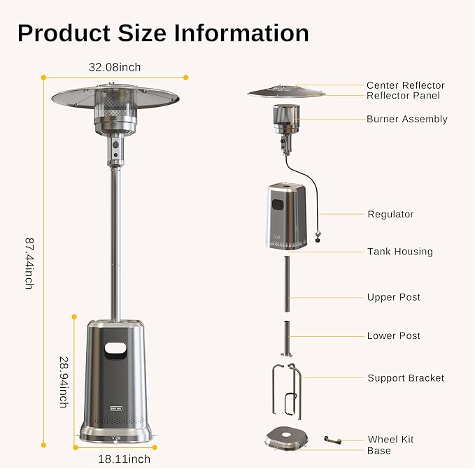 EAST OAK Anti-rust 50,000 BTU Patio Heater for Outdoor Use with Double-Layer Stainless Steel Burner, Square Round Table Design and Wheels, Propane Patio Heater for Home and Commercial, Stainless Steel