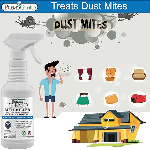 Premo Guard Mite Treatment Spray – 16 oz – Kills Dust, Scabies, Spider, Carpet, Bird, Mouse & Rat Mites in Home, on Furniture, Bedding – Natural Non-Toxic 100% Effective – Child & Pet Safe