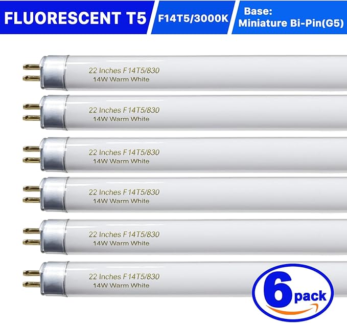22 Inch T5 Fluorescent Light Bulb 14 Watt F14T5/WW Compatible with Sylvania Satco Philips GE Under Cabinet Lamp Light 3000K Warm White 800 Lumen G5 Base 6 Count
