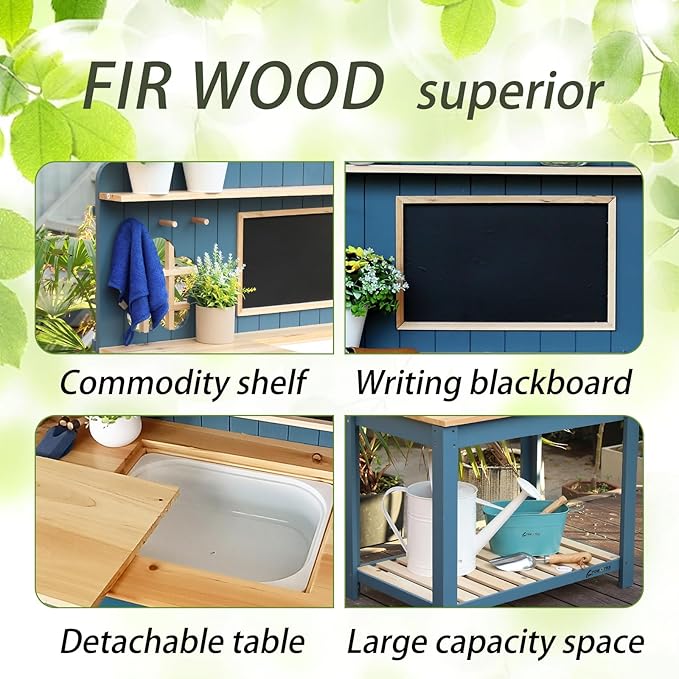 Kids Potting Bench Table Garden Workbench Outdoor Kids Garden Double-Layer Planting Table with Drawing Board Removable Sink,Wood Outdoor Play Kitchen for Toddlers,Backyard and Porch Blue