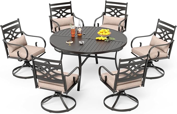 PHI VILLA 7 Pcs Patio Dining Sets,Outdoor Table Chair Set for 6 with Outdoor Swivel Chairs and Metal Frame Steel Round Table,Outdoor Dining Furniture with Cushion and Pillow for Garden Lawn Deck