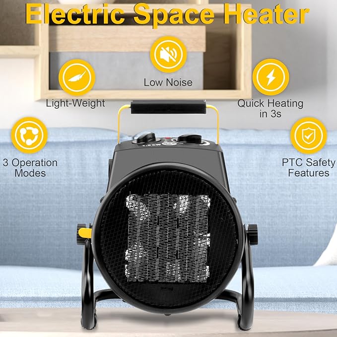 1500W Portable Garage Heater, Electric Outdoor Heater with Fast Heating & Overheat Protection, Patio and Greenhouse Space Heater for Indoor or Outdoor Use(Yellow)