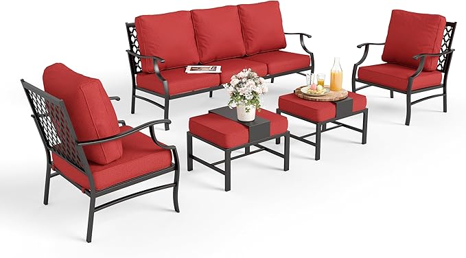 Patio Furniture Set 5 pcs, Outdoor Patio Furniture, 3-Seat Sofa, 2 Single Chairs, 2 Ottomans and 5.75" Extra Thick Cushion, Patio Conversation Set for Garden Backyard Deck,Red