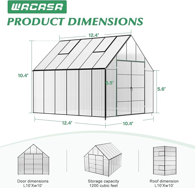10x10x12 FT Heavy-Duty Greenhouse 2.0 with Polycarbonate Panels, Swing Door, Hinged Roof Vent, and Rain Gutters for Outdoor Use, Aluminum Black