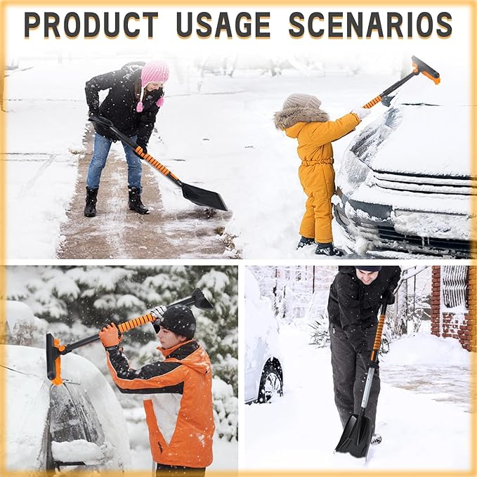 6 in 1 Snow Brush Snow Shovel Set Retractable Car Snow Scraper with 270° Rotating Broom Silicone Strip Foam Grip Ice Scraper and Accidental Snow Shovel Vehicle Winter Kit for Trucks SUV Cars