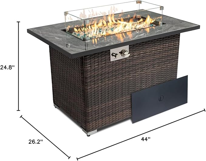 44in Outdoor Propane Gas Fire Pit Table, 50,000 BTU Auto-Ignition Gas Firepit with Glass Wind Guard, Marble Tile Tabletop, Mixed Color Glass Rocks, Brown PE Rattan